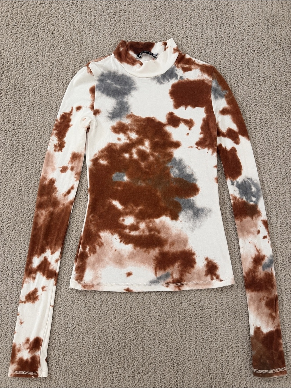 ZARA Brown Gray Tie Dye Mock Neck Long Sleeve Stretch Top Size S